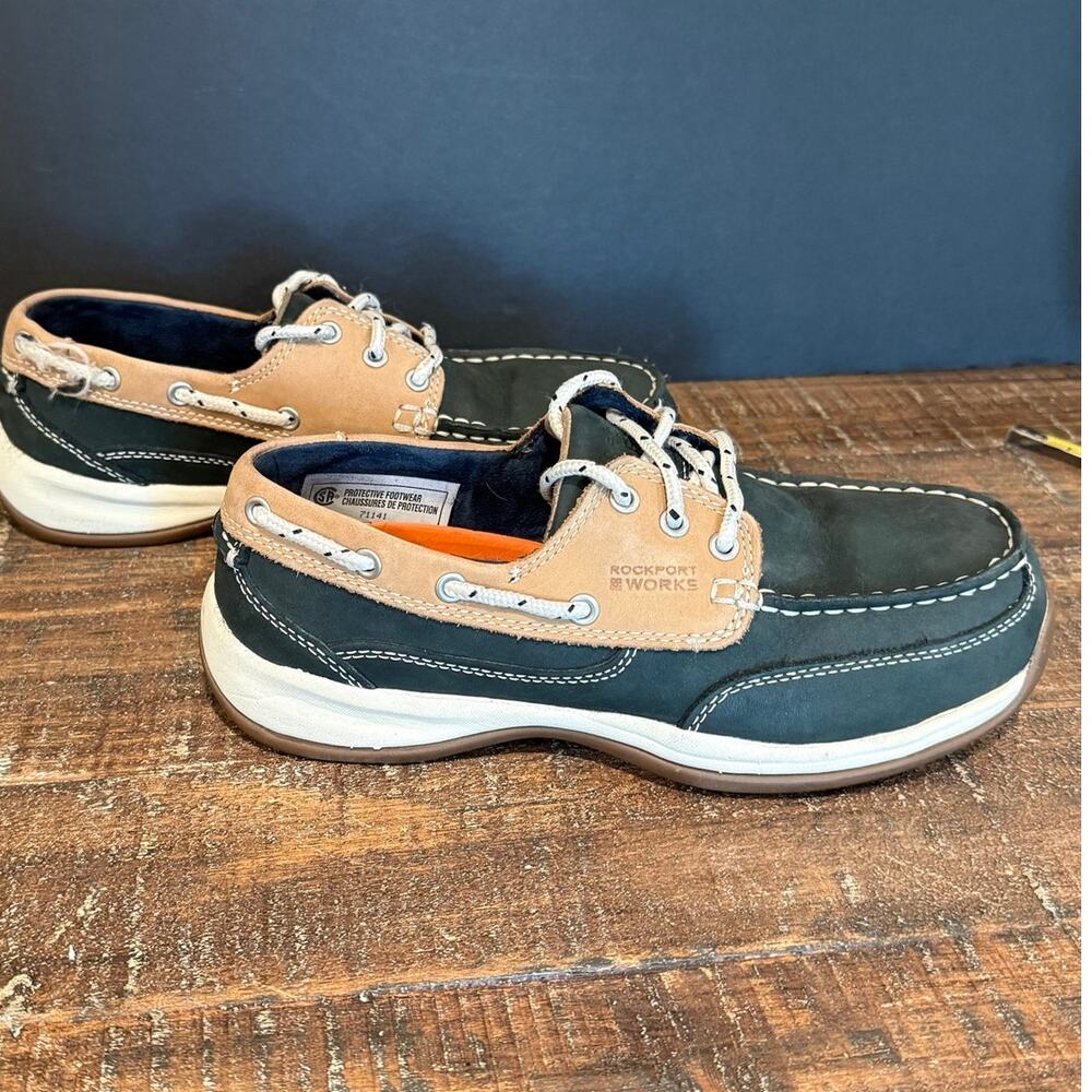 Rockport Works Women's Sailing Club Steel Toe Boat Shoes Size‎ 7.5 Navy Blue Tan